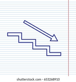 Stair down with arrow. Vector. Navy line icon on notebook paper as background with red line for field.
