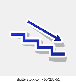 Stair down with arrow. Vector. New year bluish icon with outside stroke and gray shadow on light gray background.