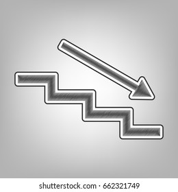 Stair down with arrow. Vector. Pencil sketch imitation. Dark gray scribble icon with dark gray outer contour at gray background.