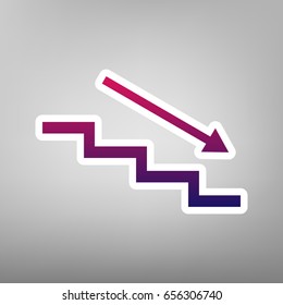 Stair down with arrow. Vector. Purple gradient icon on white paper at gray background.