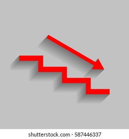 Stair down with arrow. Vector. Red icon with soft shadow on gray background.