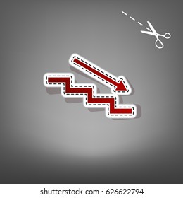 Stair down with arrow. Vector. Red icon with for applique from paper with shadow on gray background with scissors.