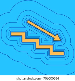 Stair down with arrow. Vector. Sand color icon with black contour and equidistant blue contours like field at sky blue background. Like waves on map - island in ocean or sea.