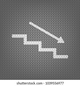 Stair down with arrow. Vector. White knitted icon on gray knitted background. Isolated.