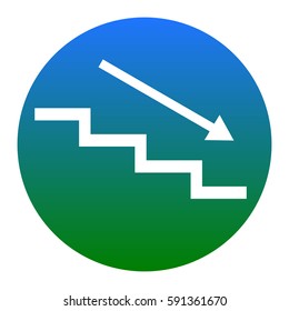 Stair down with arrow. Vector. White icon in bluish circle on white background. Isolated.