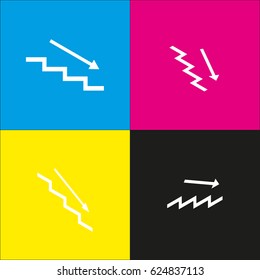 Stair down with arrow. Vector. White icon with isometric projections on cyan, magenta, yellow and black backgrounds.