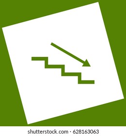 Stair down with arrow. Vector. White icon obtained as a result of subtraction rotated square and path. Avocado background.