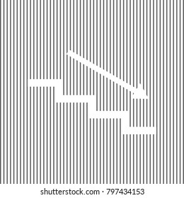 Stair down with arrow. Vector. White icon on grayish striped background. Optical illusion.