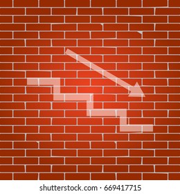 Stair down with arrow. Vector. Whitish icon on brick wall as background.
