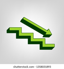 Stair down with arrow. Vector. Yellow green solid icon with dark green external body at light colored background.