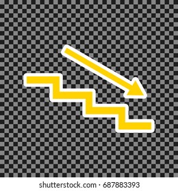 Stair down with arrow. Vector. Yellow icon with white contour on dark transparent background.