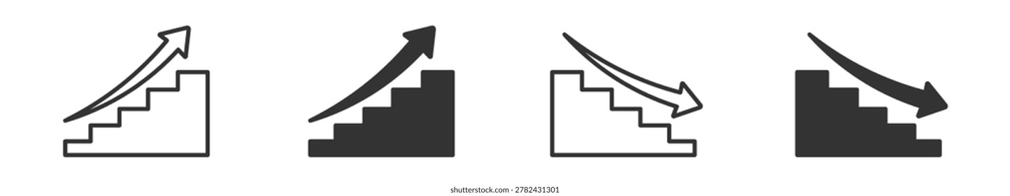 Stair Up and Down Icon Set , staircase direction symbols, upward and downward movement, level navigation signs, and step progress vector icons.