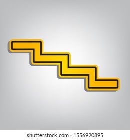 Stair down sign. Flat orange icon with overlapping linear black icon with gray shadow at whitish background. Illustration.