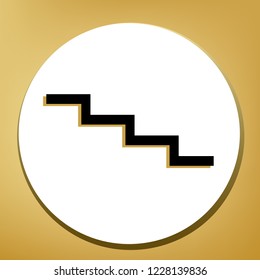 Stair down sign. Vector. Black icon with light brown shadow in white circle with shaped ring at golden background.