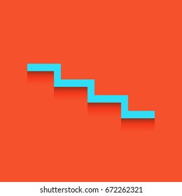 Stair down sign. Vector. Blue icon with soft shadow putted down on flamingo background.