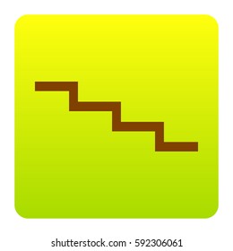 Stair down sign. Vector. Brown icon at green-yellow gradient square with rounded corners on white background. Isolated.