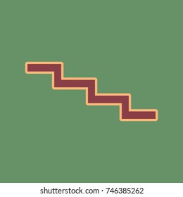 Stair down sign. Vector. Cordovan icon and mellow apricot halo with light khaki filled space at russian green background.