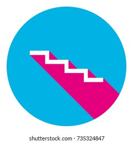 Stair down sign. Vector. Flat white icon with mexican pink shadow inside sky blue(S and G) circle at white background. Isolated. Trend colors in 2017.