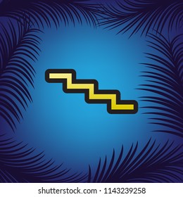 Stair down sign. Vector. Golden icon with black contour at blue background with branches of palm trees.