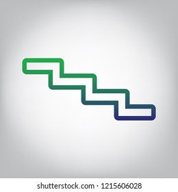 Stair down sign. Vector. Green to blue gradient contour icon at grayish background with light in center.