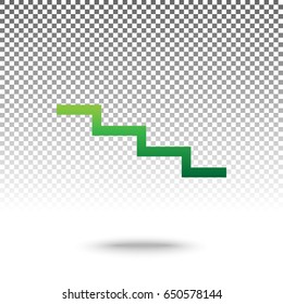Stair down sign. Vector. Green gradient icon with shadow at bottom on transparent and white background.