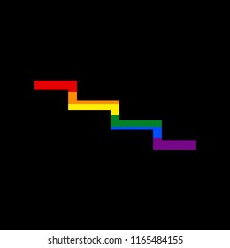 Stair down sign. Vector. Icon with colors of LGBT flag at black background.