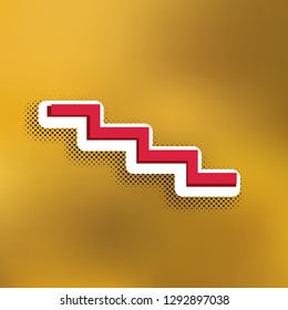 Stair down sign. Vector. Magenta icon with darker shadow, white sticker and black popart shadow on golden background.
