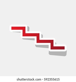 Stair down sign. Vector. New year reddish icon with outside stroke and gray shadow on light gray background.