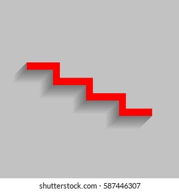 Stair down sign. Vector. Red icon with soft shadow on gray background.