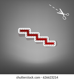 Stair down sign. Vector. Red icon with for applique from paper with shadow on gray background with scissors.