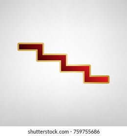 Stair down sign. Vector. Red icon on gold sticker at light gray background.