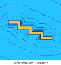 Stair down sign. Vector. Sand color icon with black contour and equidistant blue contours like field at sky blue background. Like waves on map - island in ocean or sea.