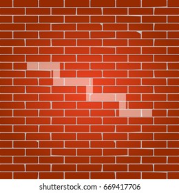 Stair down sign. Vector. Whitish icon on brick wall as background.