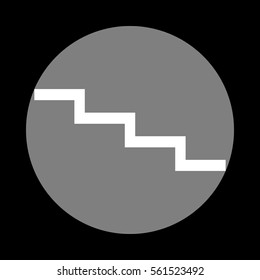 Stair down sign. White icon in gray circle at black background. Circumscribed circle. Circumcircle.