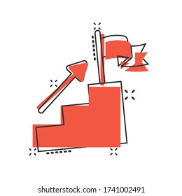 Stair with finish flag icon in comic style. Leadership challenge cartoon vector illustration on white background. Career growth splash effect business concept.