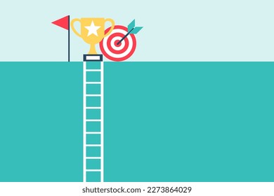 stair up to goal success with copy space. business target mission complete. trophy dartboard achievement. vector illustration flat design.
