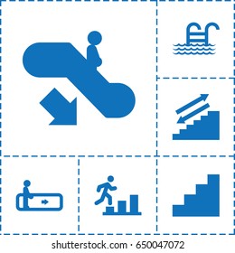 Stair icon. set of 6 stair filled icons such as escalator, escalator down, stair, pool ladder, man going up
