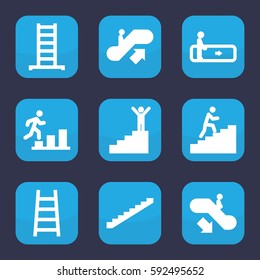 stair icon. Set of 9 filled stair icons such as escalator, escalator up, escalator down, ladder, stairs, man climbing stairs, man going up