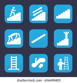 Stair icon. set of 9 filled stair icons such as escalator up, ladder, stairs, man climbing stairs, man on stairs