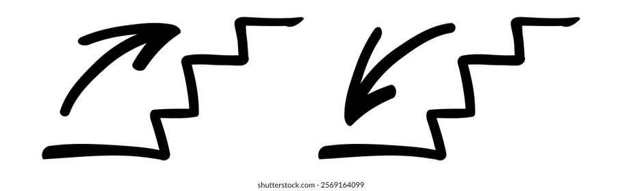 Stair icon set. Stairs with down arrow and up arrow black icon. Vector hand drawn illustration isolated on white background.