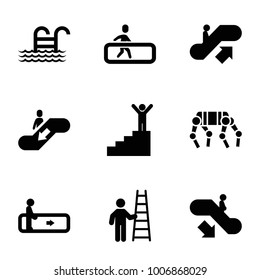 Stair icons. set of 9 editable filled stair icons such as escalator, escalator up, escalator down, man on stairs, man with ladder, pool ladder