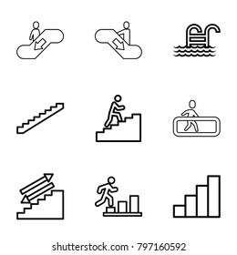 Stair icons. set of 9 editable outline stair icons such as stairs, stair, man climbing stairs, man going up, pool ladder, escalator, escalator up