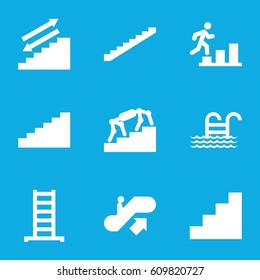 Stair icons set. set of 9 stair filled icons such as escalator up, ladder, stairs, stair, pool ladder