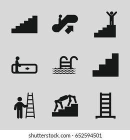 Stair icons set. set of 9 stair filled icons such as escalator, escalator up, ladder, stair, pool ladder, stairs, man on stairs
