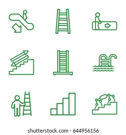Stair icons set. set of 9 stair outline icons such as escalator, escalator down, ladder, stair, pool ladder, man with ladder
