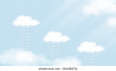 Stair ladder and Cloud Floating on Blue Sky background,Vector illustration Growth, future, development,3D Minimal Business success concept