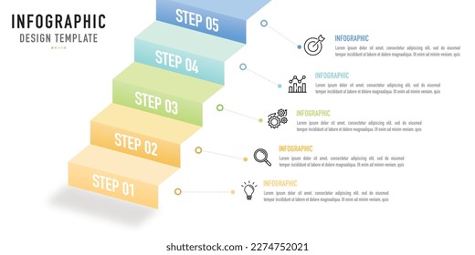 Stair or ladder infographic template or element as a vector with 5 connected step, process, colorful layer and icons on white background for business slide, presentation, modern, minimal  style, 3D