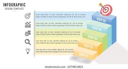 Stair or ladder infographic template or element with 5 connected step, process, colorful layer and icons on white background for business slide or presentation, target, arrow, modern, minimal style 