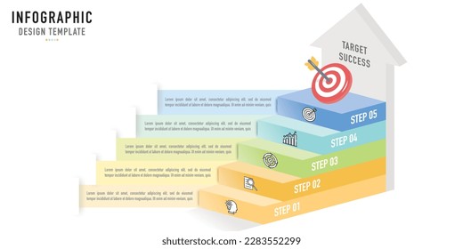 Stair, ladder or origami isometric infographic template or element with 5 step, process, option, colorful 3D rectangle layer, icons, rectangular paper, funnel, pyramid for sale slide, modern style 