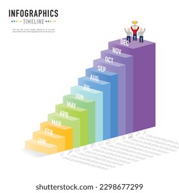 Treppe, Leiter, rechteckige isometrische Timeline-Infografik-Vorlage oder Element mit 12 Monaten, Schritt, Prozess, Option, bunter 3D-Rechteck, Papier Origami, Bar, Treppe für Planer, Plan, Web